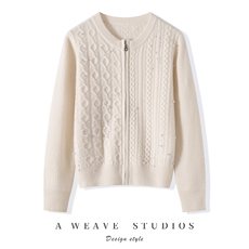 2025秋冬百搭时尚简约圆领钉珠开衫针织衫，女装羊绒衫，昭美纯山羊绒