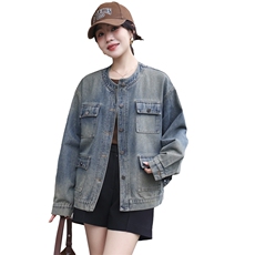 现货复古洗水多口袋牛仔外套女早秋2024新款设计感宽松显瘦上衣，女装牛仔外套，跑量工厂店