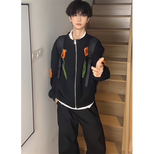 美式复古花卉毛巾刺绣棒球服外套女秋季宽松休闲立领夹克男Y1021图片