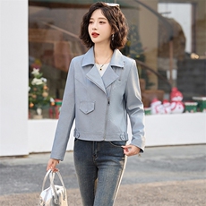 短款小皮衣外套女2025新款春秋气质休闲百搭翻领PU皮机车夹克上衣，女装皮衣，魅丽静蓝