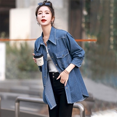 牛仔衬衣女早春秋欧货爆款2025新款设计感大码胖mm中长款衬衫上衣，女装衬衫，丽影随形