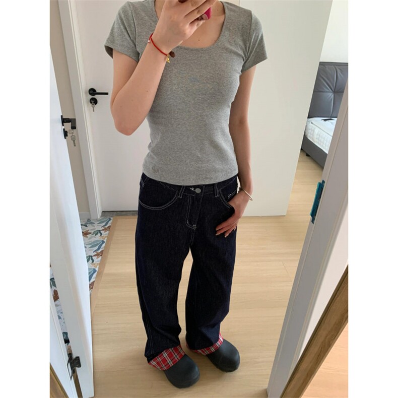 【网图有货】美式格子拼接卷边牛仔裤男女阔腿裤子NZ011CC-特P65,男装牛仔裤,星座1007（原301D）