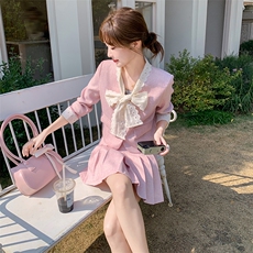 温柔粉色甜美小香风套装裙女2025早春新款毛呢短外套百褶裙两件套，女装套装/套裙，2D045