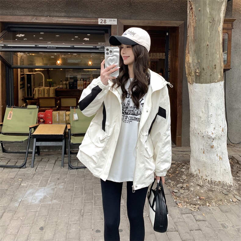 白色连帽冲锋衣外套女春秋2025新款韩版设计感流行工装夹克上衣潮，女装风衣，2C266