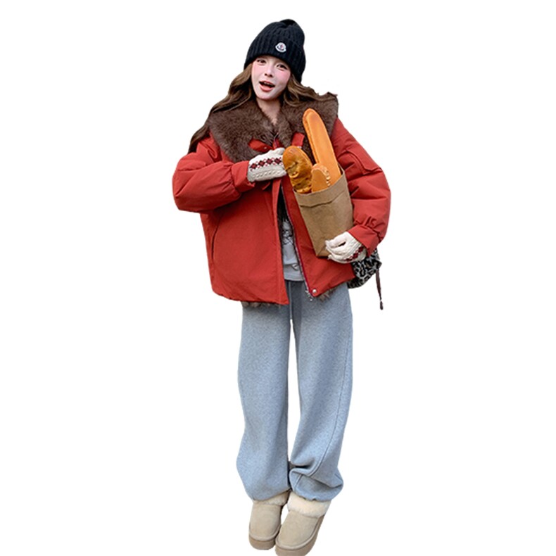红色双面穿娃娃领派克棉服女冬超火好看高级小众加绒加厚工装外套,女装派克服,2B082