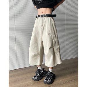 潮牌复古褶皱多口袋工装短裤男女美式夏季宽松百搭七分裤D084-P55图片