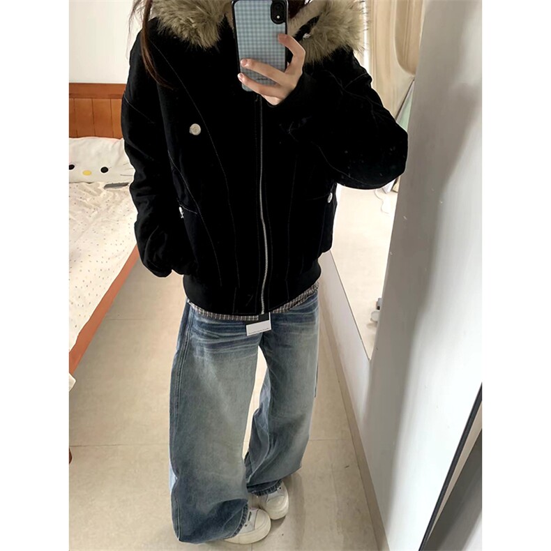 现货重磅boxy短款棉衣座山雕大毛毛领男女棉服水洗工装厚外套,男装棉衣,电商A486-1