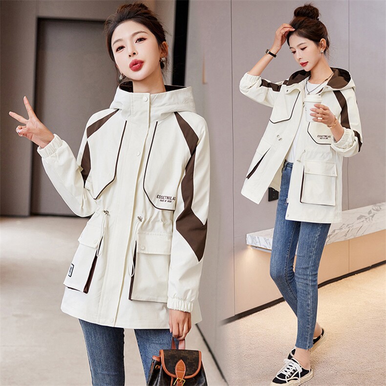 时尚拼色冲锋衣外套女2025春季新款宽松休闲抽绳收腰连帽工装上衣，女装风衣，艾瑞儿