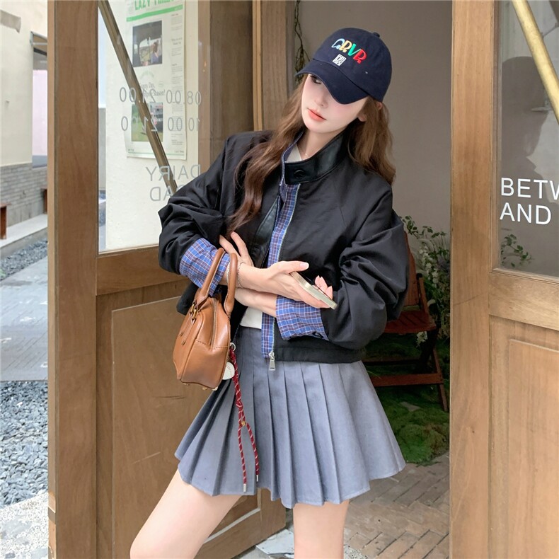 减龄休闲格纹拼接短外套女,女装短外套,2C012