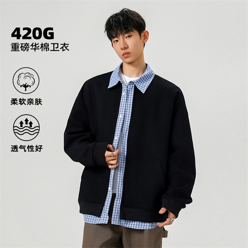 2026春季新款高克重华棉420g男宽松百搭假两件格子外套W5436特P48，女装短外套，电商A001