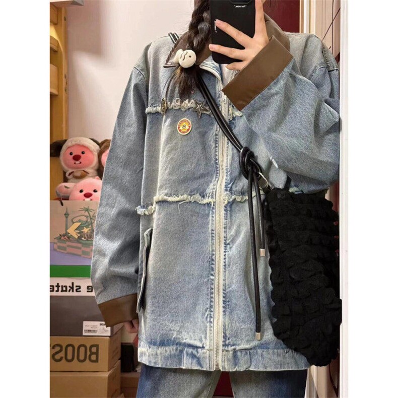 【有货】8086CC-特P79浅蓝色毛边牛仔外套男女款设计感翻领夹克,男装工装外套,星座1007（原301D）