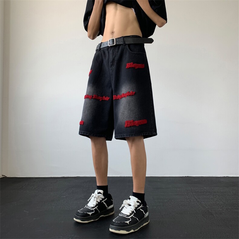 高街做旧刺绣牛仔短裤男士美式复古潮牌炸街痞帅宽松阔腿五分中裤,男装牛仔裤,星座410-7