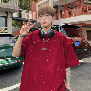 可48小时发货支持抖音得物来样二开 美式满天星亮片短袖T恤MTX699图片