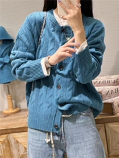 春新款韩版圆领甜美菱形纯色麻花开衫外套女，女装针织衫/毛衣，半城羊绒