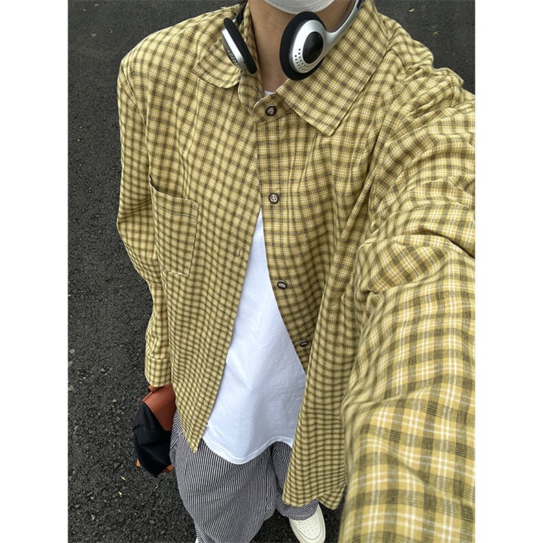 春季长袖休闲衬衣外套男休闲日系复古格子衬衫 CS281-P40图片