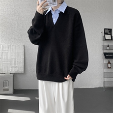 MY625-特P55控98秋季假两件衬衫领套头毛衣男宽松潮流针织衫，男装针织衫/毛衣，电商A058-1（原电商C417）