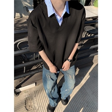 夏季重磅纯棉假两件衬衣纯色短袖上衣时尚个性潮男款，男装T恤，星座1013