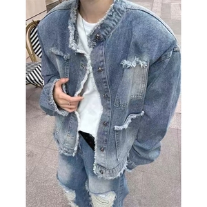 做旧毛边牛仔外套男设计感小众休闲夹克美式炸街休闲渐变~WT7066图片