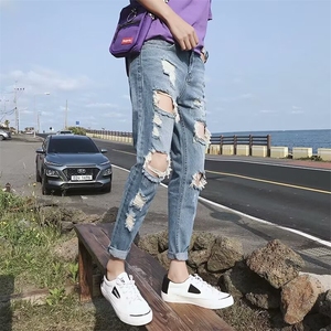 男士破洞九分牛仔裤韩版潮流修身小脚直筒乞丐裤子 N921图片