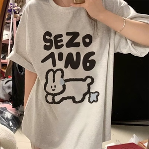 T0629-P25 ins 卡通学生纯棉小兔印花短袖 学院风白色宽松上衣图片