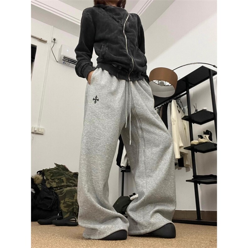 美式哥特风双腰头休闲裤卫裤女秋冬宽松设计感阔腿裤垂感拖地长裤,男装休闲裤,星座506A