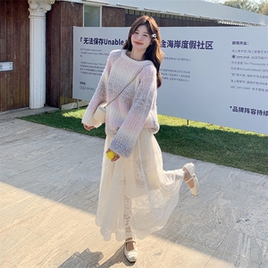 2025春前后两穿蝴蝶结渐变毛衣蕾丝半身裙两件套2C133-P145-K198图片