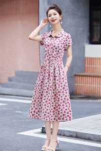 减龄碎花纯棉短袖连衣裙女2024夏季新款收腰显瘦中长款印花衬衫裙图片