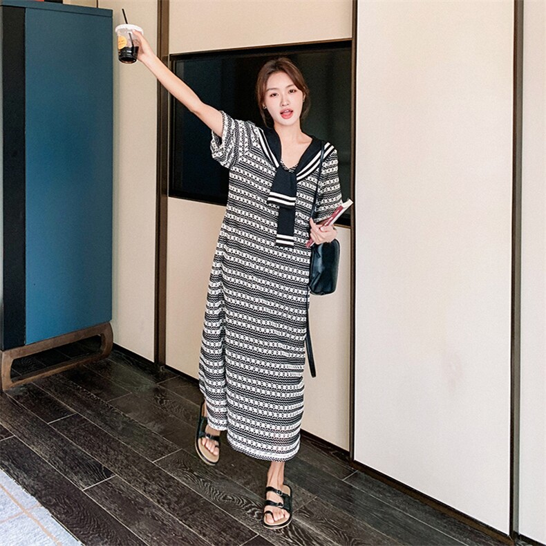 独特漂亮海军领条纹针织连衣裙女夏2025超火好看宽松休闲减龄长裙,女装连衣裙,2D078