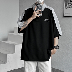 华夫格Polo衫男夏季美式复古撞色短袖t恤宽松潮牌休闲五分袖上衣，男装Polo衫，星座410-6（原星座1304-1）
