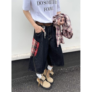 1014-1~KZ339~P48-港风潮男夏季新款2025个性拼色格子牛仔裤图片
