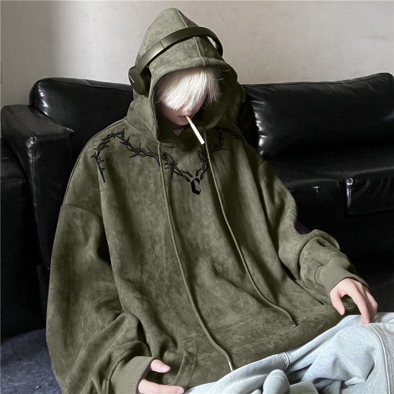 秋季新款美式荆棘印花宽松连帽麂皮绒卫衣JK23551特批45控78,男装卫衣,星座605(原A050)