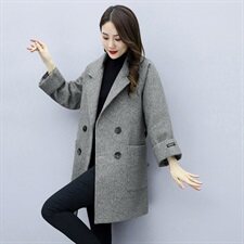 冬装新款毛呢外套女时尚双排扣中长款西装领（配腰带），女装毛呢外套，岚衣(原川流布茜）