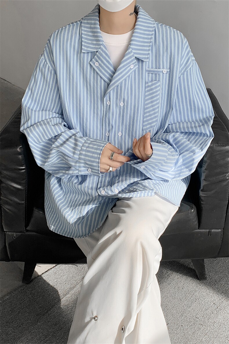 25年春季新款学院风青春男大竖条纹衬衫翻领外套美式简约衬衫P45,男装衬衫,电商B319