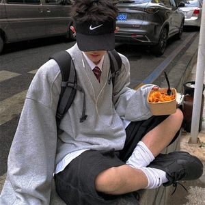 灰色简约基础款v领卫衣男生学院风宽松百搭休闲重磅套头上衣图片
