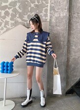 爱美欧现货条纹大领子卫衣，女装卫衣/绒衫，爱美欧