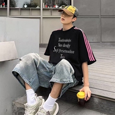 抖音得物品质二开240克宽松纯棉美式潮牌印花三条杠中性风短袖T恤，男装T恤，电商A486-1