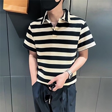 撞色条纹polo衫短袖男士夏季新款翻领T恤ins潮牌痞帅休闲半袖体恤，男装Polo衫，星座506A