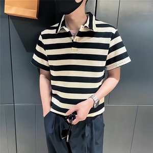 撞色条纹polo衫短袖男士夏季新款翻领T恤ins潮牌痞帅休闲半袖体恤,桃红色短袖t搭配图片