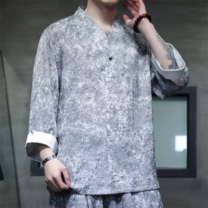 2025夏季新款男装新中式汉服衬衣风复古禅服盘扣衬衫 C97-P95图片