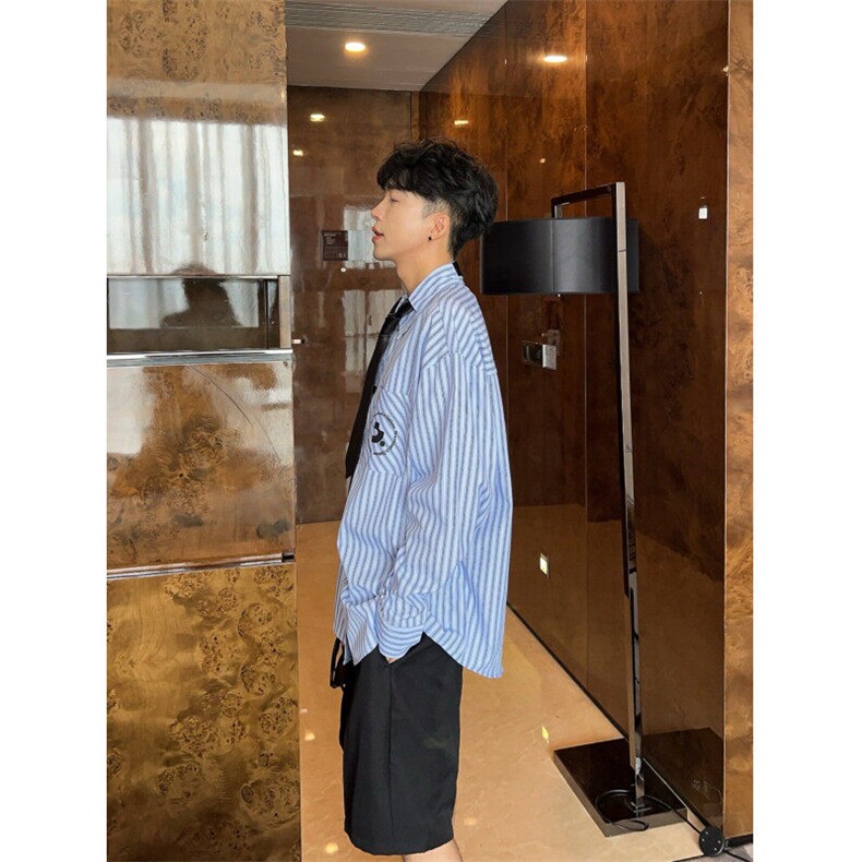 Q03/P52学院风竖条纹带领带男衬衫潮流宽松翻领长袖衬衣,男装衬衫,星座1506