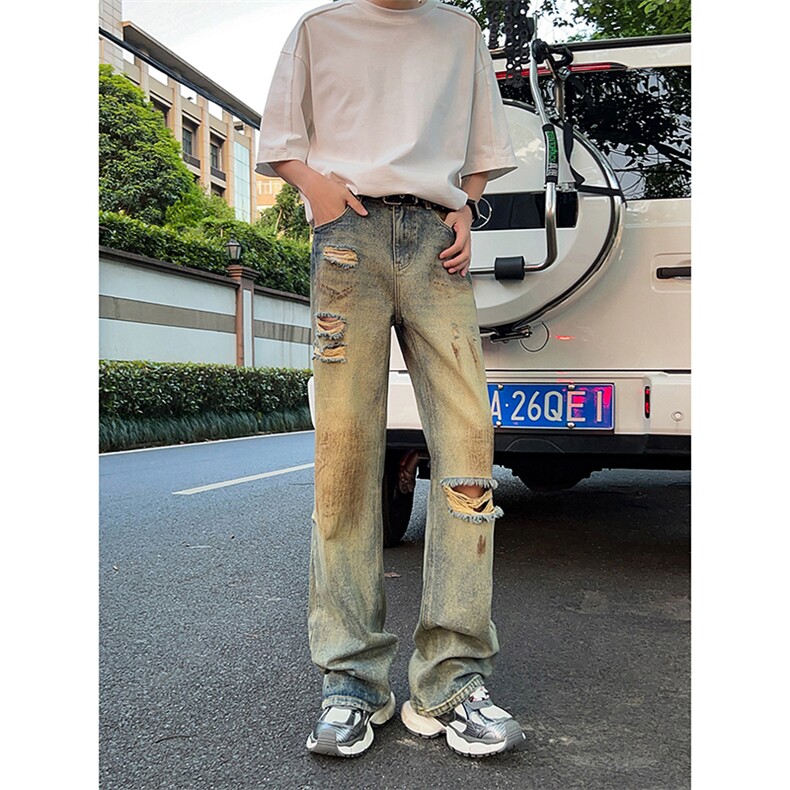 B221美式ins高街暗黑宽松直筒破洞喷墨乞丐牛仔裤LK24202-P60控78,男装牛仔裤,电商B221