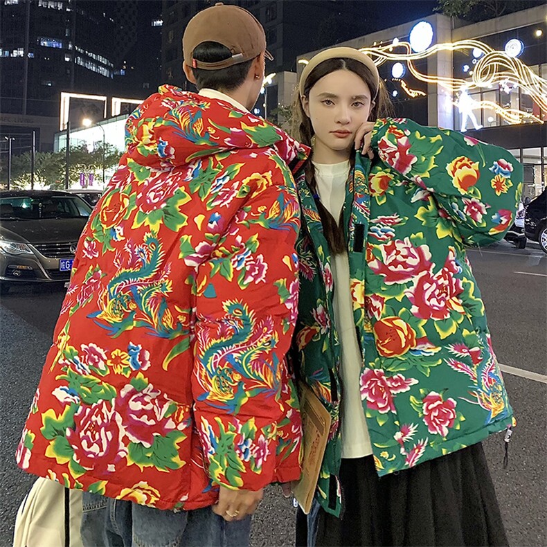 Y251男女连帽东北大花棉服棉袄风新中式团队 上款差价图片