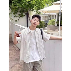 网图少年感穿搭条纹短袖衬衫男款夏季宽松慵懒风衬衣外套925P45，男装T恤，星座710