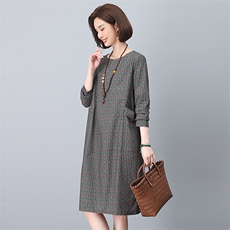 小个子棉麻直筒连衣裙春装大码妈妈中老年裙子宽松遮肚子气质短裙，女装连衣裙，依恋蒂丝