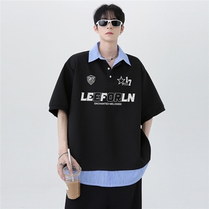 翻领拼接潮牌假两件衬衫领POLO衫运动美式复古短袖T恤T146-P48图片