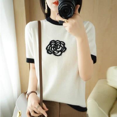 圆领羊毛衫针织短袖T恤女羊绒2022新款针织衫薄款山茶花撞色百搭图片