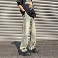 水洗长裤潮直脚牛仔裤气质日系宽松直筒拉链简约男青春流行夏季，男装牛仔裤，四季星座218-1