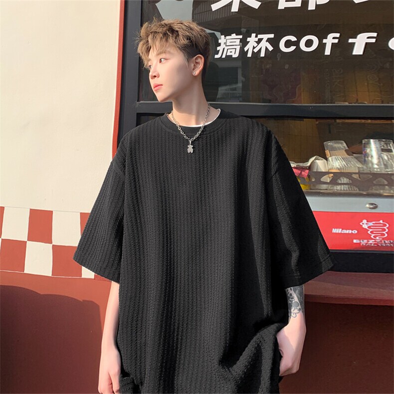 肌理感提花圆领短袖T恤男春秋季潮牌美式ins慵懒风宽松大码体恤衫，男装T恤，电商A022