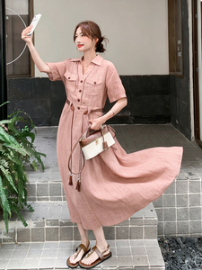 《档口现货26夏上新》气质三色天丝亚麻透气舒适连衣裙配腰带女图片