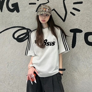 抖音得物高品质二开240克宽松纯棉美式潮牌三条杠织带短袖T恤图片